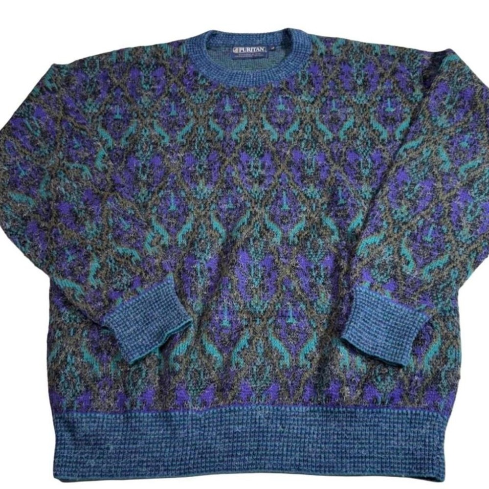 Puritan Geometric Pattern Crewneck Sweater Men's‎ Large Blue Purple Green